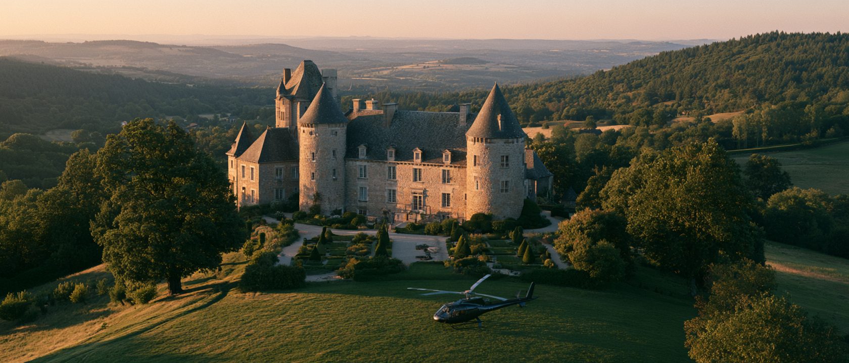 Château de Busset im Abendlicht, Luftaufnahme über Park und Hügel der Auvergne