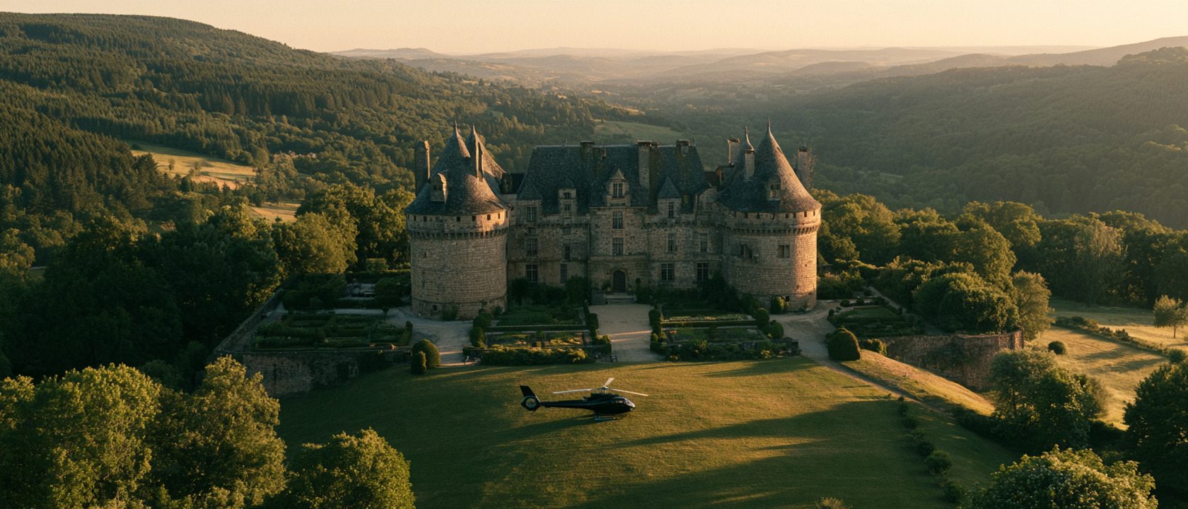 Château de Busset von oben, Park und Zufahrt